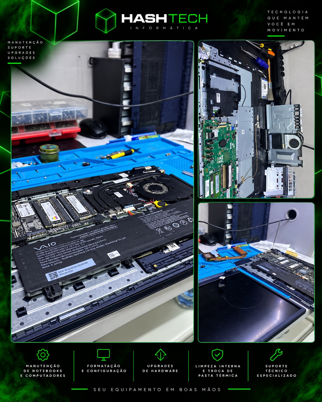 Colagem de manutenção de notebook e computador da HashTech
