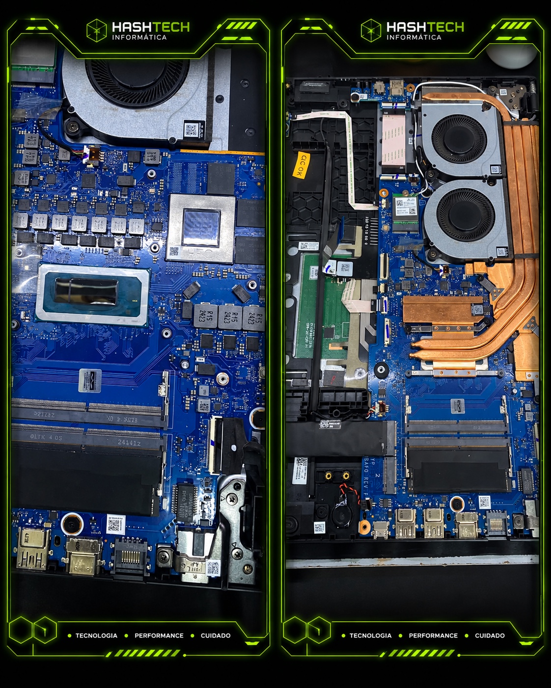 Fotos internas de notebook com limpeza e manutenção da HashTech